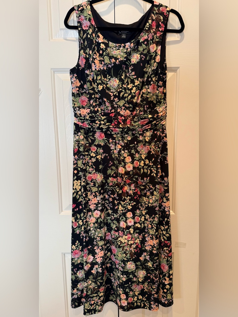 connected apparel Black Floral Midi Dress w/ Pink and Green Accents Zipper Back